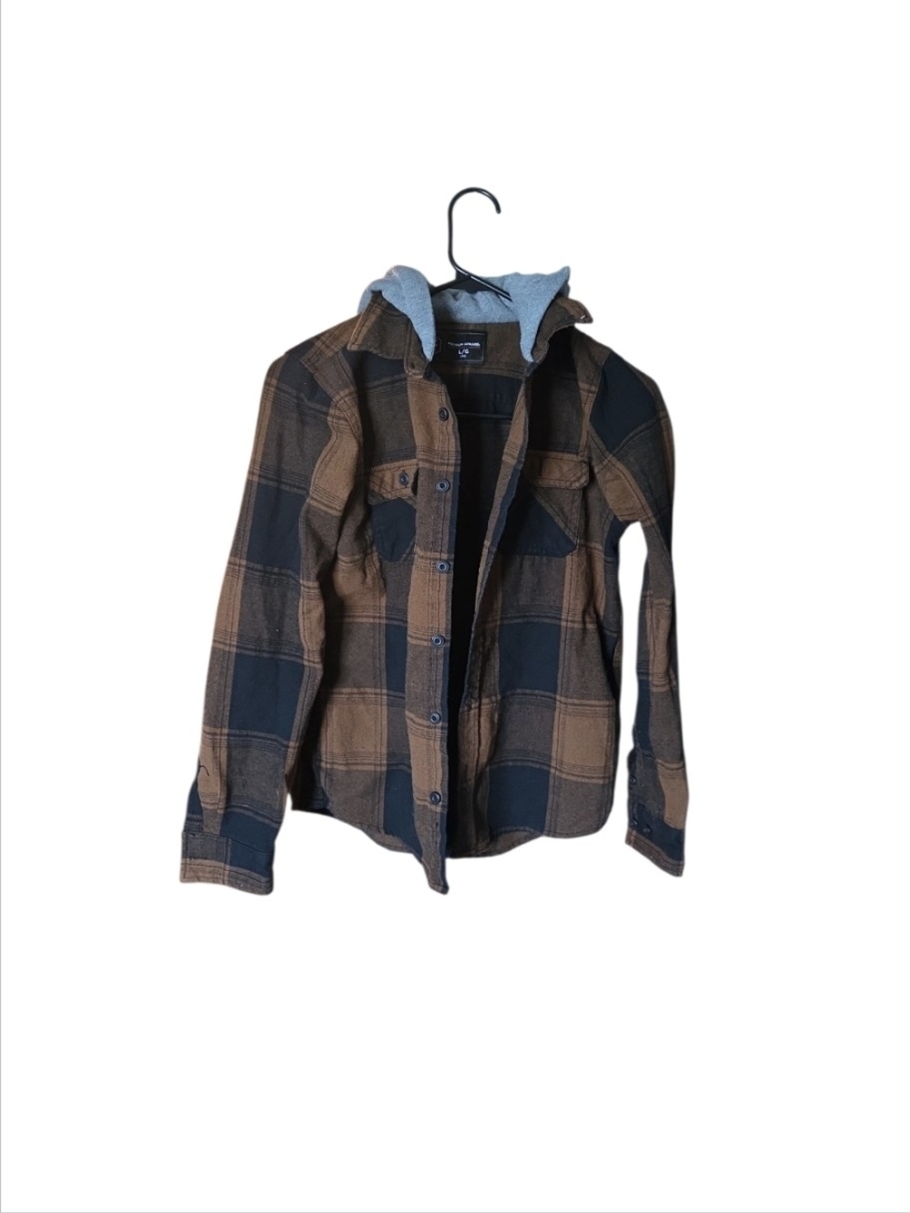 Large (14) West 49 Premium Apparel youth plaid flannel hooded button-up shirt